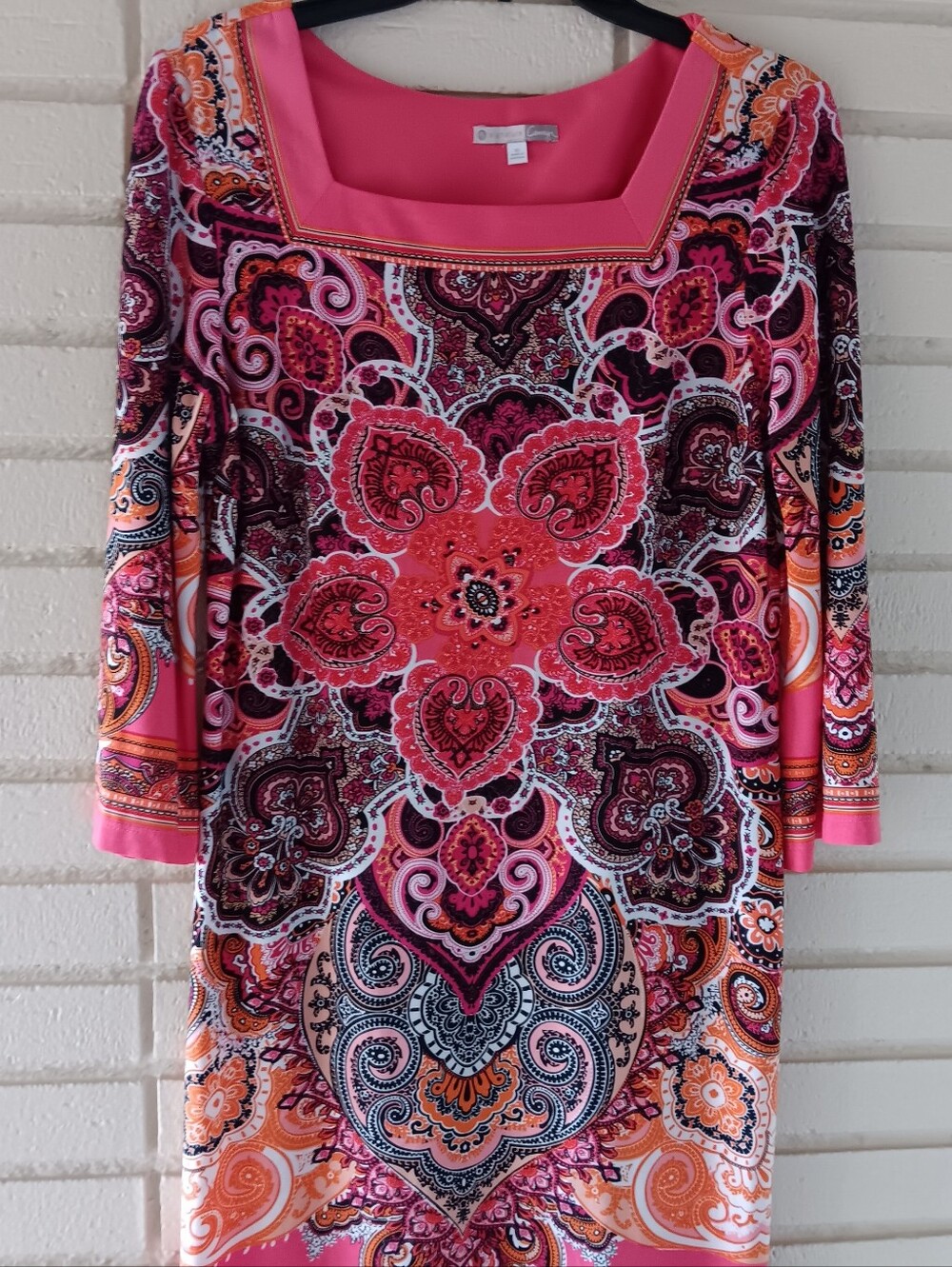 Signature By Campia Paisley Print Stretch Dress Size10 Pink Boho Sheath.